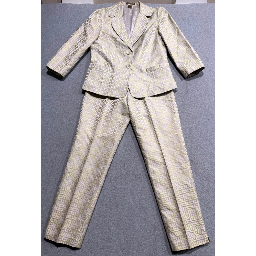 Sigrid Olsen Silk Blend Jacquard Geometric Suit Champagne Shiny Blazer 6 Pants 4 - Picture 2 of 16